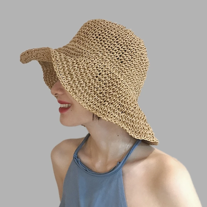 Simple Girl Raffia Sun Hat Wide Brim Floppy Summer Hats For Women Beach Panama Straw Dome Bucket Hat Femme Shade Hat