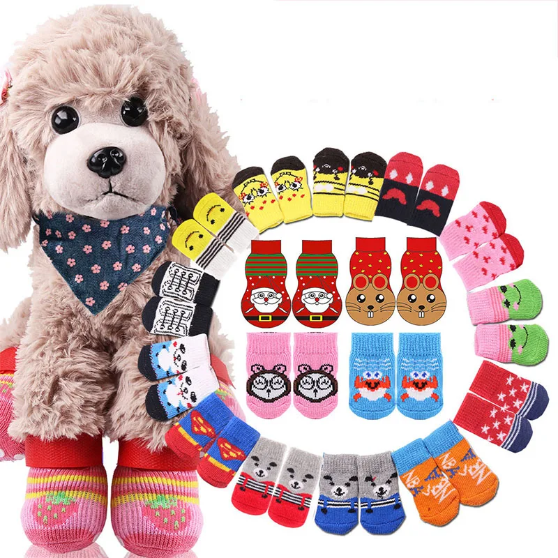 4pcs Warm Puppy Dog Shoes Soft Pet Knits Socks Small Dogs Cartoon Anti Slip Skid Socks Breathable Pet Products Indoor Wear Boot