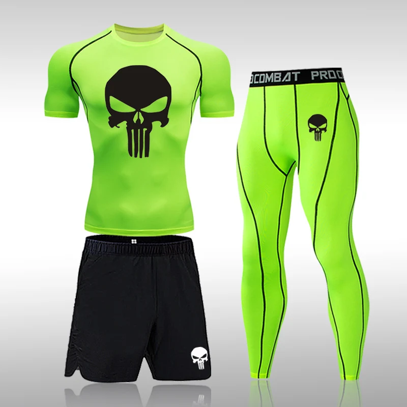 Men Compression Set MMA Long or Short Sleeve T-shirt Men\'s Tight Pants Fitness Bodybuilding Clothes Skull Rashguard Sports Suits