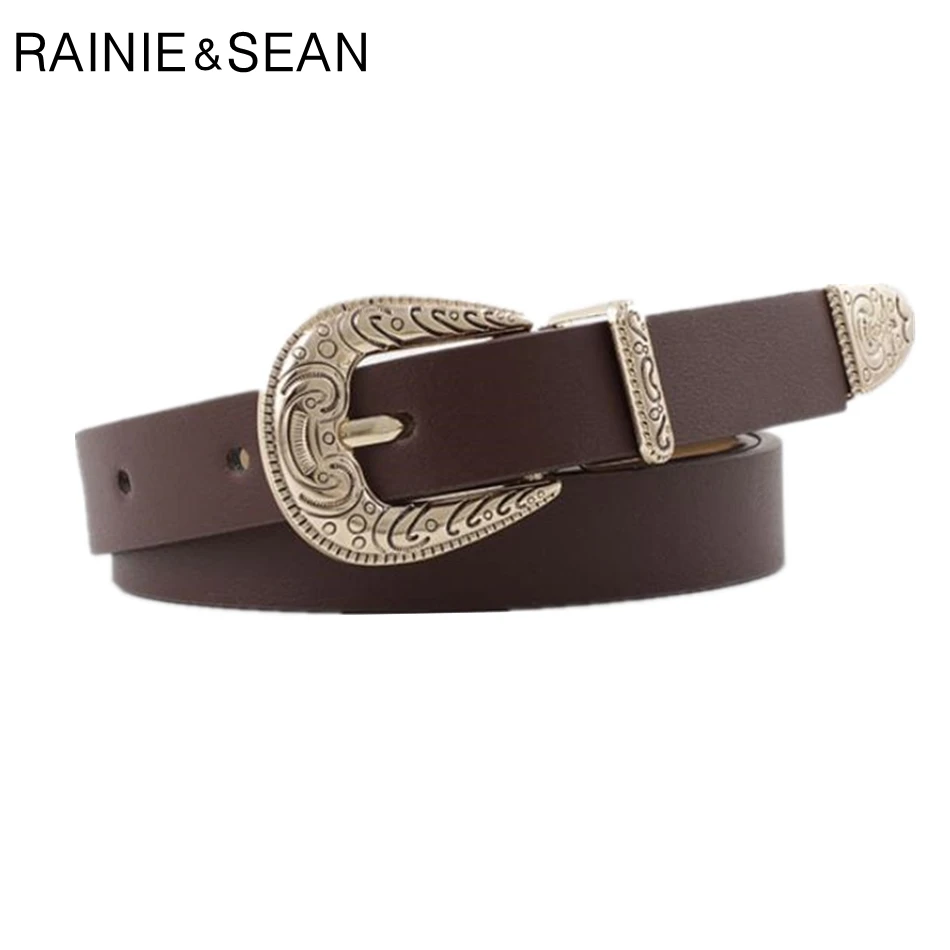 RAINIE SEAN Leather Belts For Women Red Pu Leather Women Belt Pu Leather Vintage Engrave Brand Ladies Leather Belts For Jeans