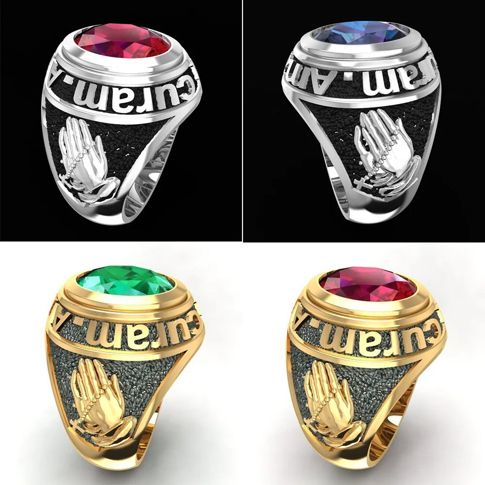 Vintage Latin Proverb Hands Praying Gem Ring Personality Motorcycle Party Silver Color Crystal Promise Ring Jewelry for Men