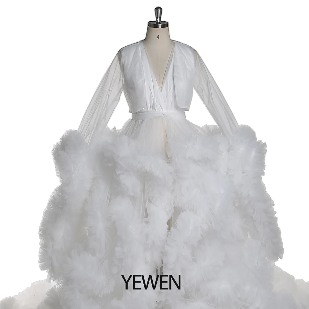 Elegant 1M Train White Tulle Gown with Voluminous Ruffles Wedding Dress Maternity Gowns for Photoshoot Baby Shower Robes YEWEN