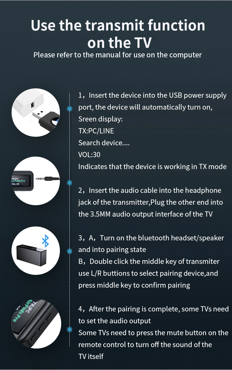 Tebe-transmisor y receptor de Audio con Bluetooth 5,0, miniadaptador inalámbrico 2 en 1 con pantalla OLED, conector AUX de 3,5mm para TV,