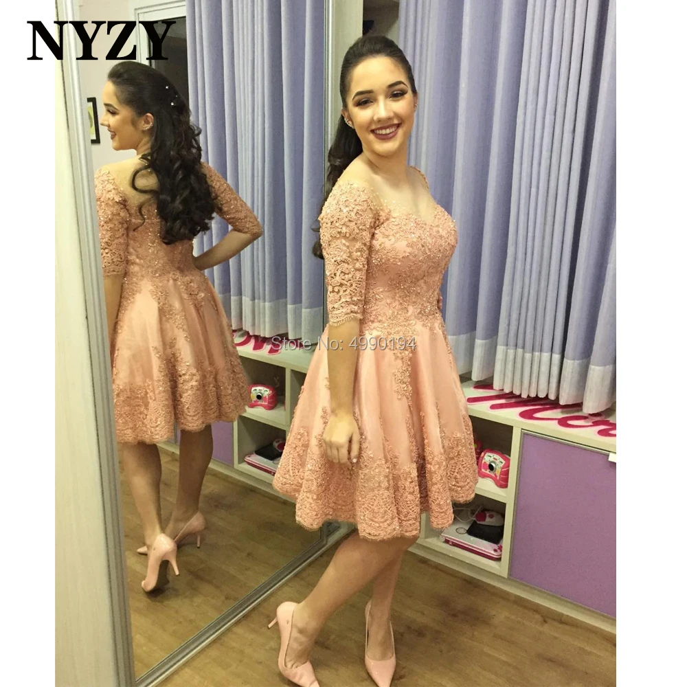 

NYZY C287 Sheer 1/2 Sleeves Beaded Lace Appliques Short Cocktail Dresses 2020 Short Gown Party Dress Prom Homecoming Graduation