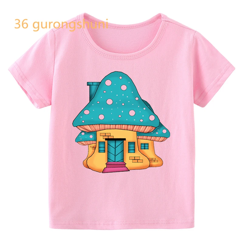 children pink t-shirts funny anime tshirt girl mushroom house cartoon t shirt kid girls tops clothing kids clothes boys t shirts