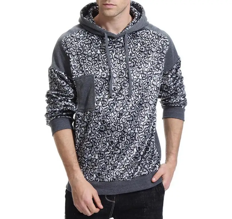 

Hot Brand Men's Hoodies Tracksuit Autumn Winter Leopard color matching Hooded Sweatshirt Long Sleeve Slim Jacket Men Coat