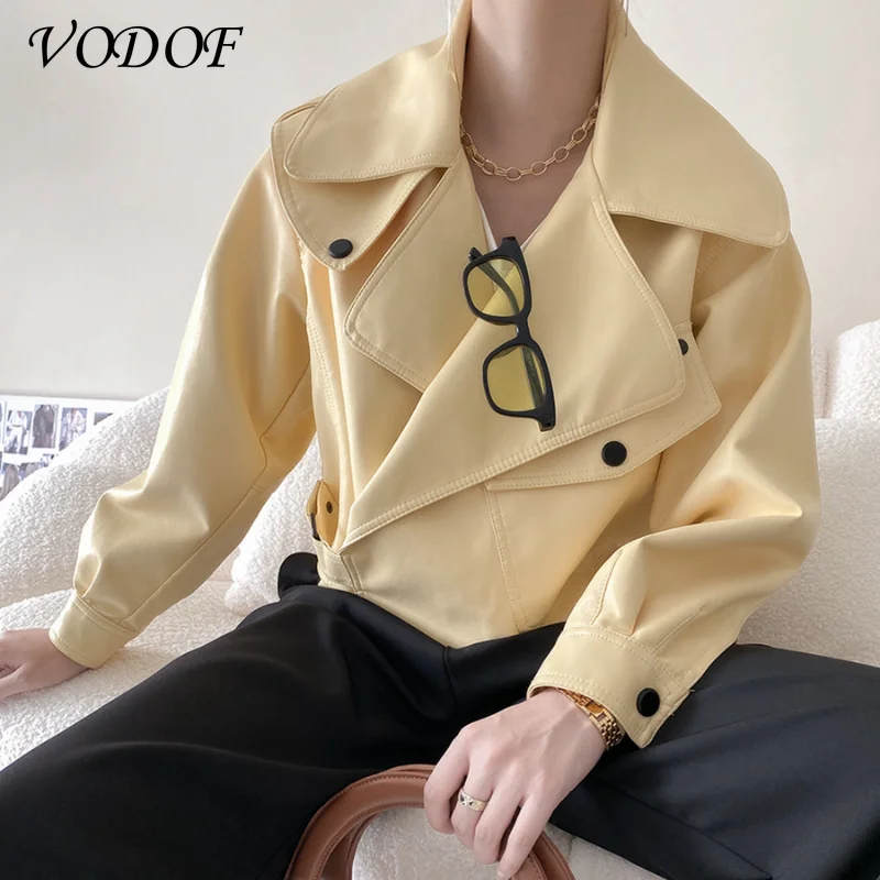 

VODOF 2021 New Spring Women Pu Leather Motorcycle Jacket Female With Belt Solid Color Jackets Ladys Loose Casual Jacket