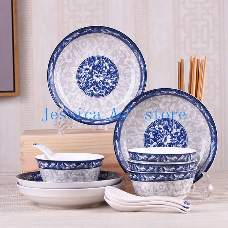 8pcs Set Blue and White Tableware Kitchen Dishes and Plates Sets Ceramic Dinnerware Dish Set Plates Bowls Spoon Chopsticks