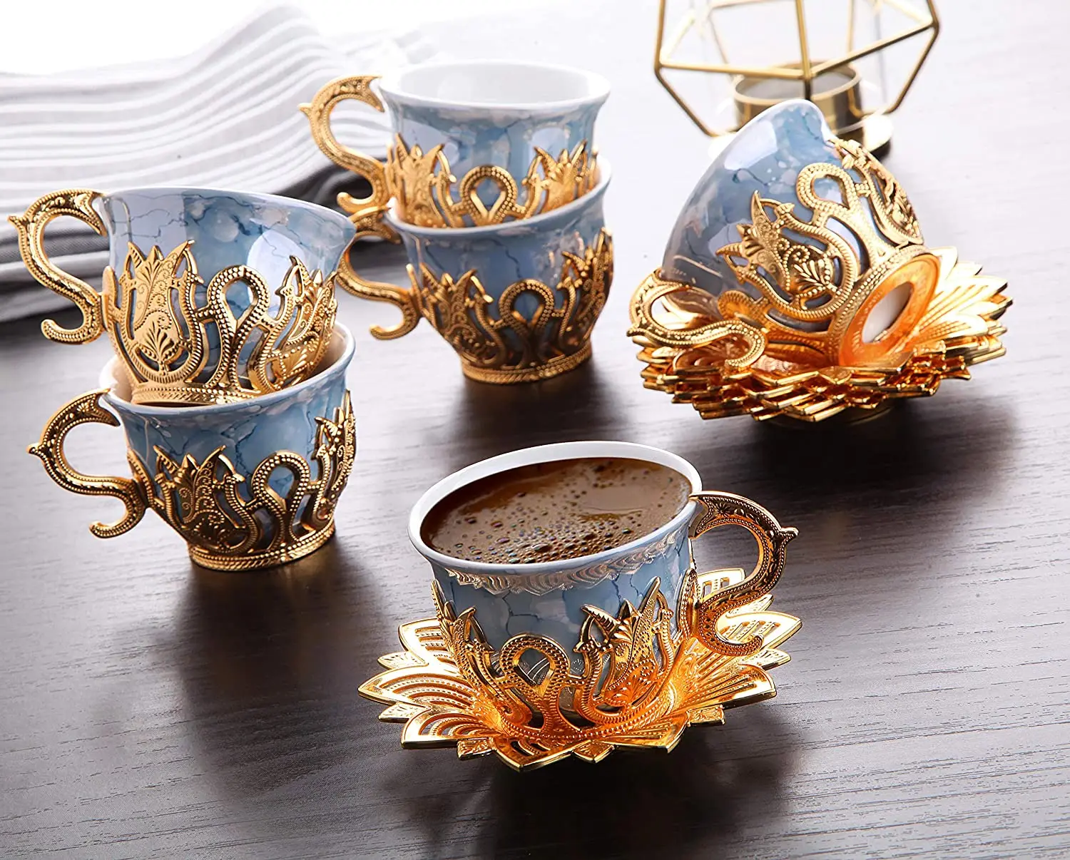 LaModaHome Espresso Coffee Cups with Saucers Set of 6, Porcelain Turkish Arabic Greek Coffee Cup and Gold Saucer, coffee Cup for