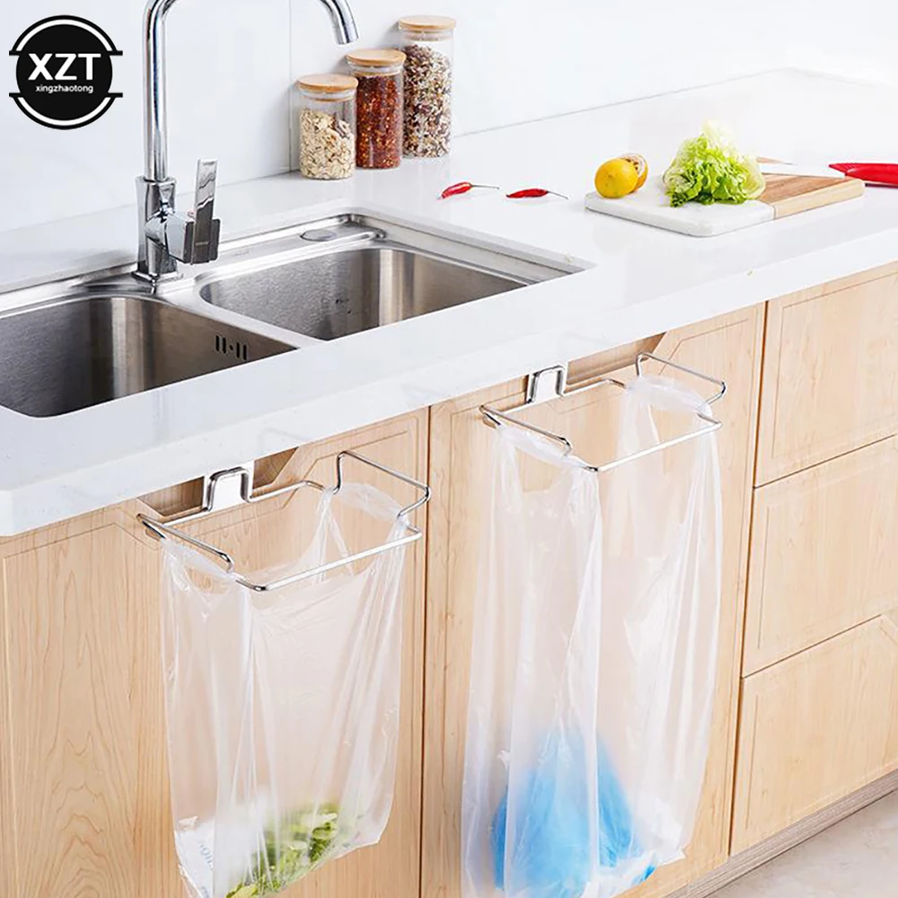 Kitchen Trash Rack Cabinet Door Garbage Bags Holder Stainless Steel Closet Garbage Storage Holder Garbage Bags Rack Holder