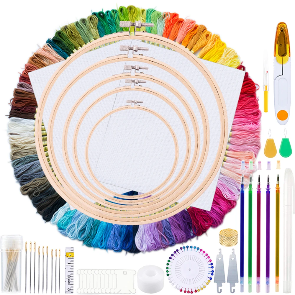 Kit de costura de madejas de bordado de 100 colores, herramienta de aguja de punto de cruz, juegos de costura DIY, incluye aro de Bambú