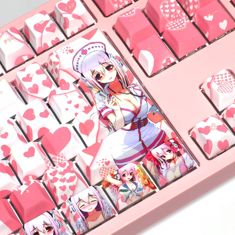 1 Set PBT 5 Sisi Tombol Sublimasi Pewarna untuk Keyboard Mekanis Tombol MX Dua Dimensi Anime Topi Kunci Merah Muda untuk SUPER SONICO