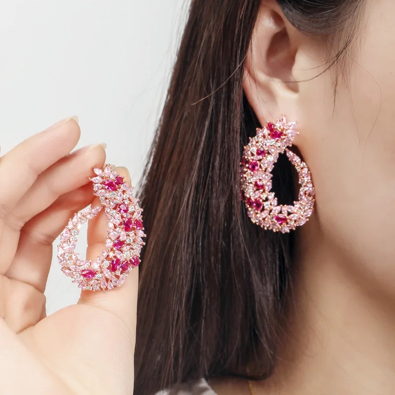 CWWZircons Funkelnde Zirkonia Silberfarbene Große Blumen-Creolen für Damen, Brautschmuck, Hochzeitsschmuck, Accessoire, Großhandel E0083 – Detail 1
