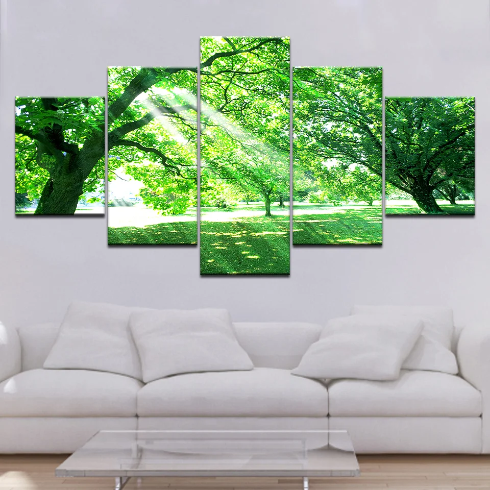 Wall Art Canvas Painting 5 Panel Modular Frame Green Art Tree Sunrise Picture Print On Modern Pictures Home Decor Picture