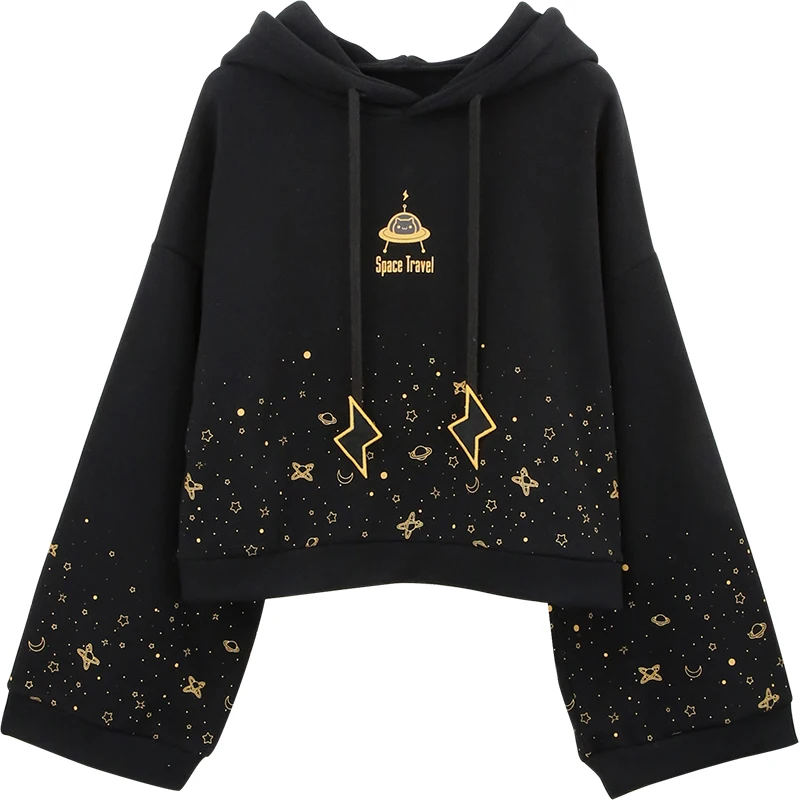 Autumn Women Kawaii Short Hoodie Harajuku Flare Long Sleeve Starry Sky Print Lightning Embroidery Drawstring Hooded Sweatshirt