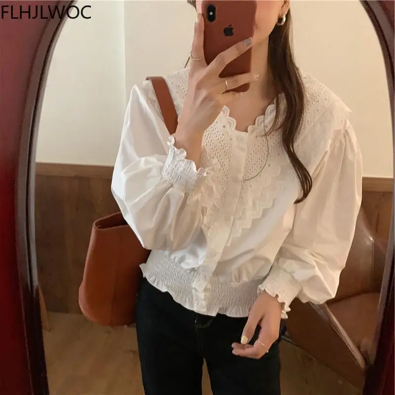 2021 Spring Women Fashion V Neck Preppy Style Girls Solid Hollow Out Lace Casual Loose Tops Single Breasted Button White Shirt