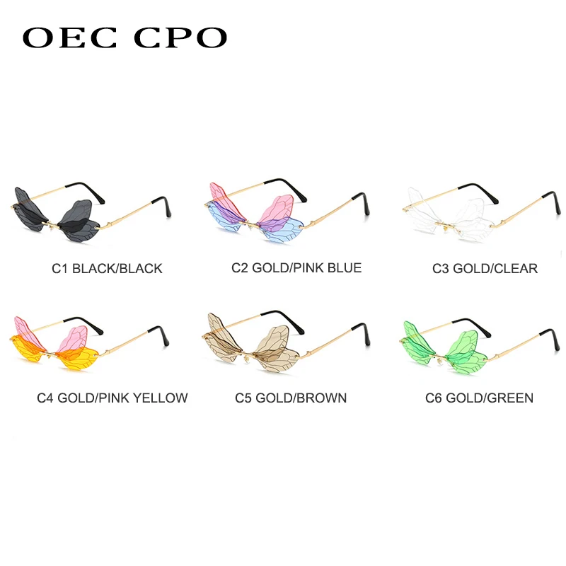 OEC CPO Fashion Dragonfly Rimless Sunglasses Women New Unique Steampunk Sunglasses Men Vintage Eyewear UV400 Oculos Feminino