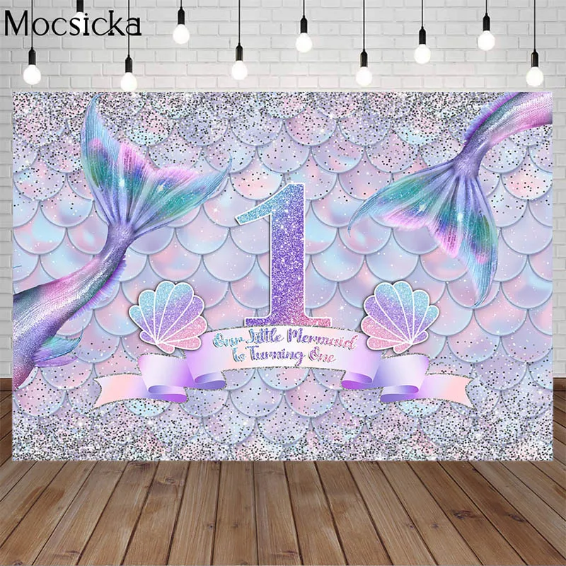 

Mermaid Birthday Backdrop Color Shells Fish Tail Cake Table Decor Banner Princess Girl First Birthday Portrait Photo Background