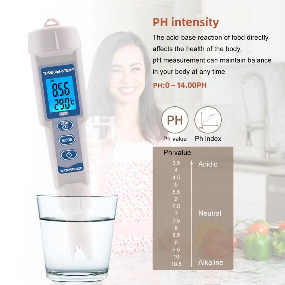 yieryi 4 in 1 TDS PH Meter PH/TDS/EC/Temperature Meter Digital Water Quality Monitor Tester for Pools, Drinking Water, Aquariums