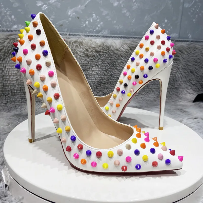 Tikicup Multi-Color Spikes Women White Matte Pointy Toe High Heel Celebrity Party Shoes Sexy Ladies Slip On Thin Stiletto Pumps