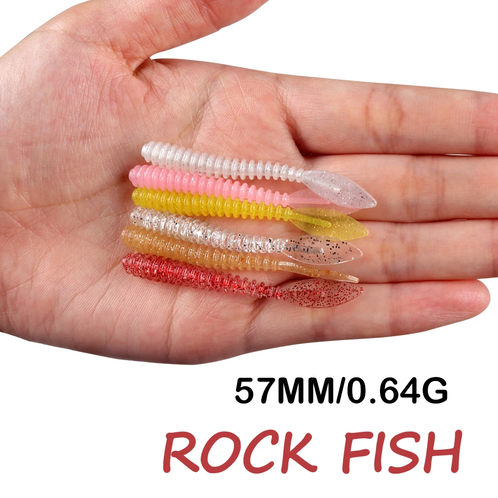 TEUKIM 10pcs Rock Fish AJING Fishing Lures 57mm/0.64g Rockfishing Swimbait Jigging Baits Soft Worm Saltwater Jig Head Lure