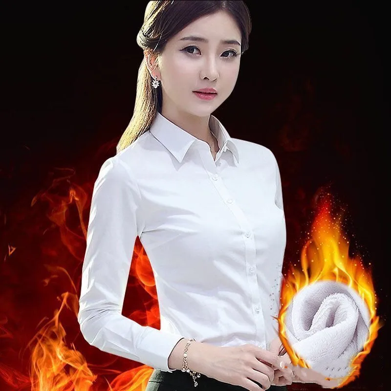 5XL New Winter Women Warm Fleece Shirt 2024 Solid Female Long Sleeve White Fleece Office Work Shirt Tops Blouse Autumn Clothes