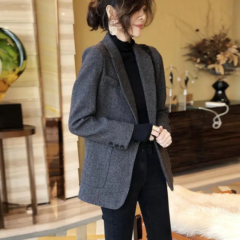 Dark Gray Woolen Blzer Women Mid-Length Coat Spring/Autumn Herringbone Suit Woolen Coat Office Lady Women Clothing Suit Blzer