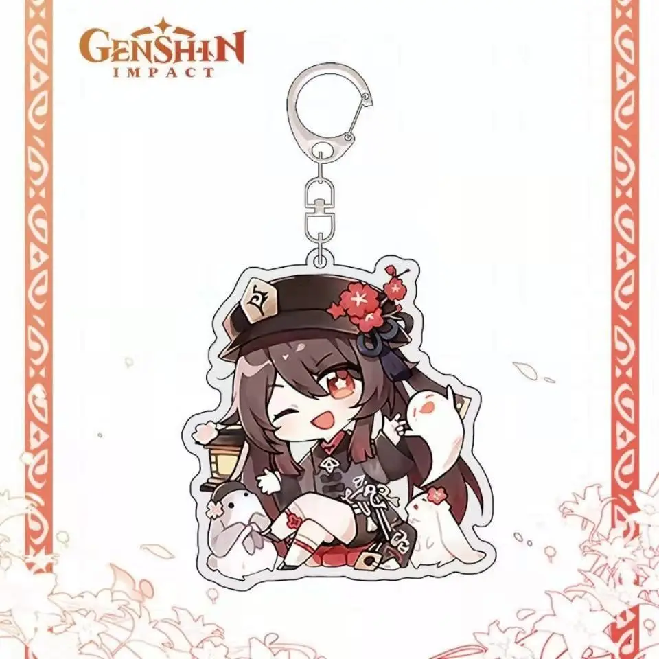 2 Pcs Anime Genshin Impact Cosplay Hu Tao Acrylic Pendant Keychain Badge Cartoon Accessories key chain cute Xiao kawaii Gifts