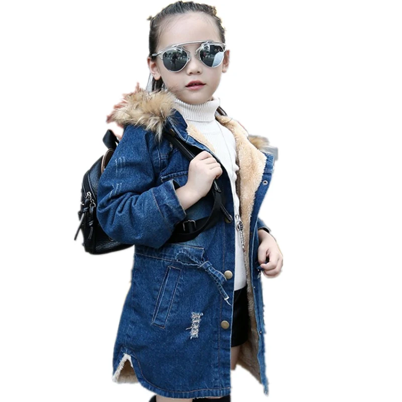 Winter Girl\'s Denim Jacket Fashion Girls Fur Collar Jean Hoodies Children Kids Mid-Long Warm Windbreaker Snowsuits Jacket 14Y