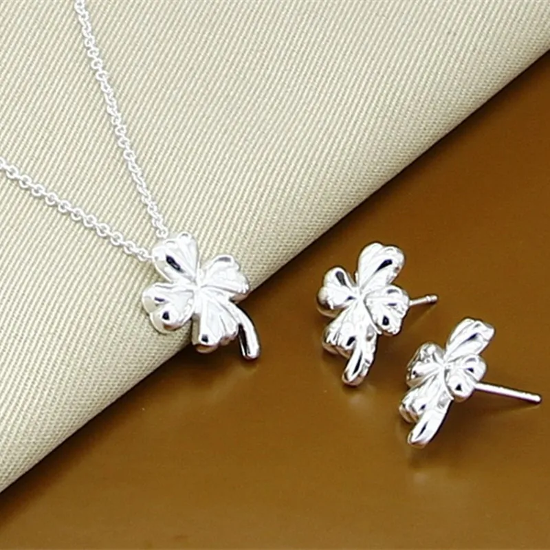 Wedding Banquet High Quality Jewelry Set 925 Sterling Silver Exquisite Four Leaf clover Necklace Earrings Sets For Women Gifts