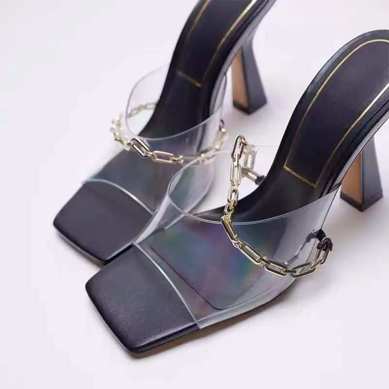 

Summer New Sandals And Slippers Black Square Head Chain Transparent PVC High-Heeled Muller Shoes Thick Heel Sandals Women