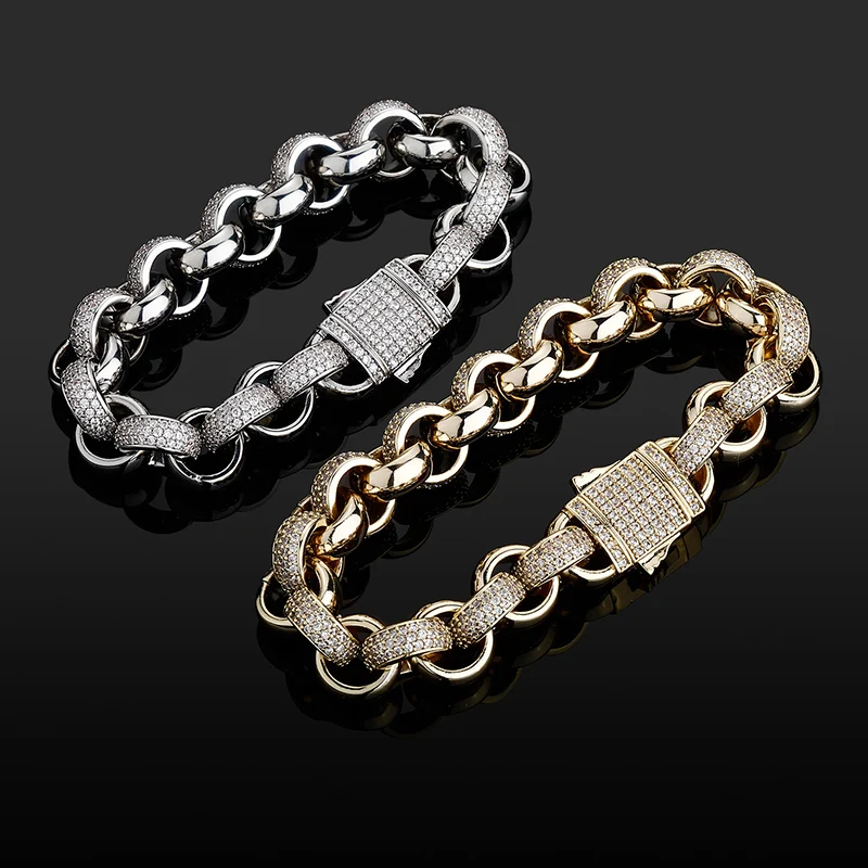 

HIP Hop Micro Paved Cubic Zirconia Round Rolo Link Chain Bracelets Bangles for Men Rapper Jewelry Drop Shipping