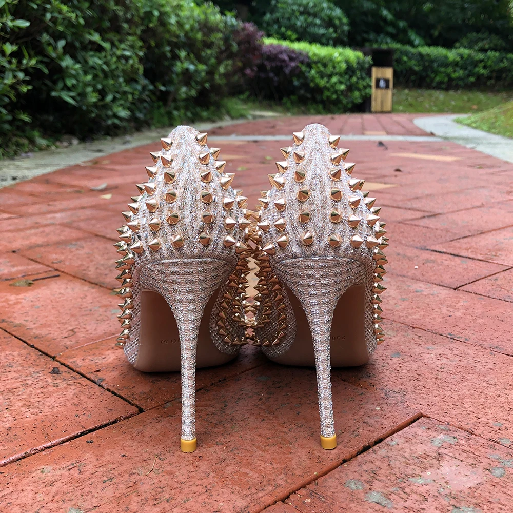 Tikicup Women Golden Glitter Spikes Pointy Toe High Heels Fashion Ladies Wedding Shoes Slip On Pumps 8cm 10cm 12cm Customize