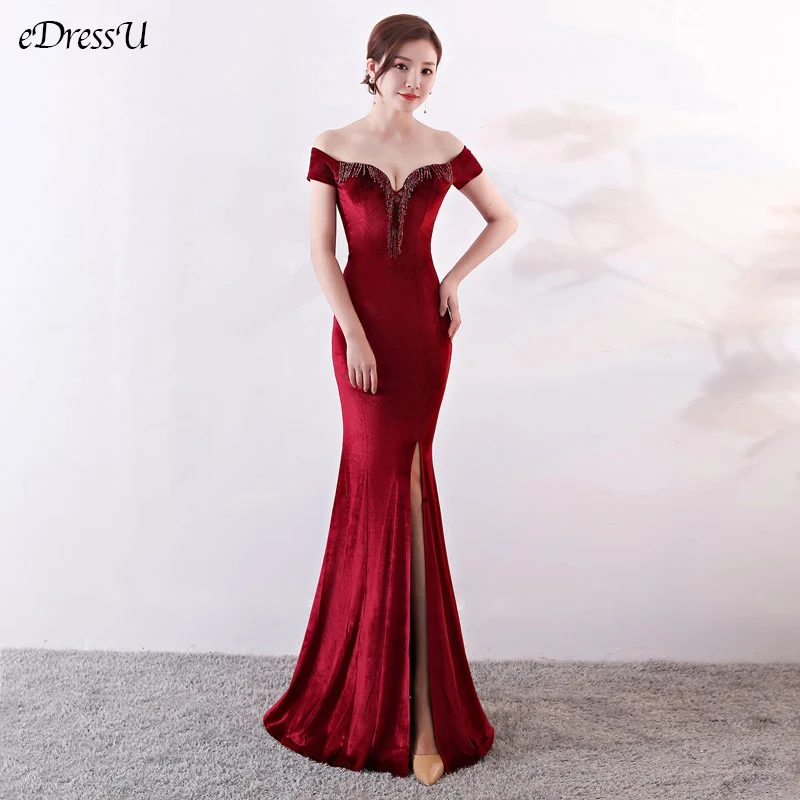 

2020 Evening Dress Sexy Split Prom Dress Off Shoulder Mermaid Vestido de Fiesta Velvet Formal Dress Burgundy Long Dress YNY-1006