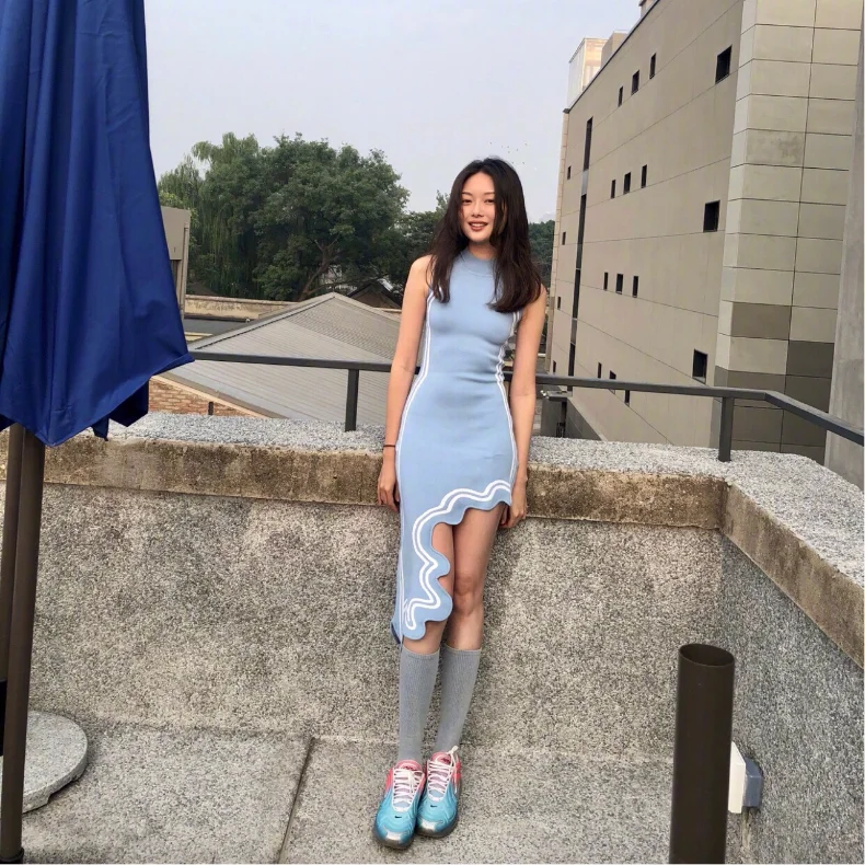 2020 New Start Asymmetrical Wavy Hem Round Collar Sky Blue White Striped Knit Sleeveless Dress