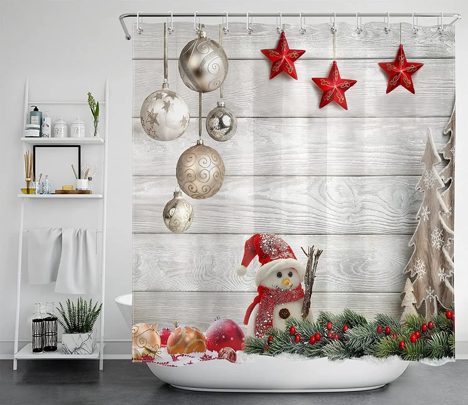 Merry Christmas Shower Curtains Snowman Pine Leaves with Sliver Red Balls on Wood Backdrop Bath Screen for Xmas Bathroom Decor