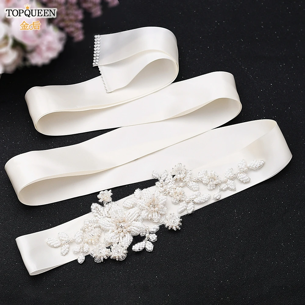 TOPQUEEN S484 Bridal Belt Fashion Wedding Accessories White Pearl Beaded Flower Sash Women\'S Party Dresses Accessories Appliques