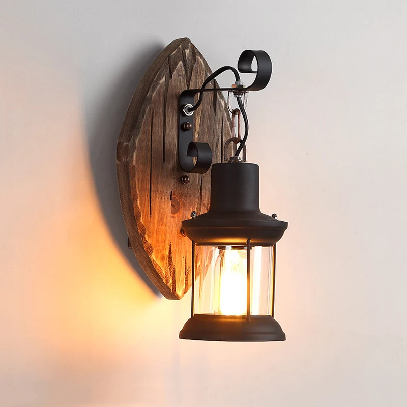 

Loft Vintage Wall Light Wood Light E27 Glass Wall Lamp Restaurant Cafe Light Bar Stair Corridor Bedroom Bedside Lamp Sconce