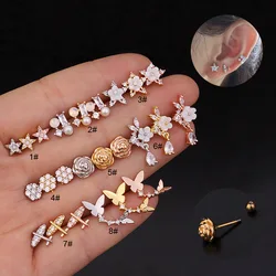 Airplane Butterfly Flower Ear Piercing Stud Cz Cartilage Helix Conch Screw Back Earring Tragus Helix Cartilage Piercing Jewelry