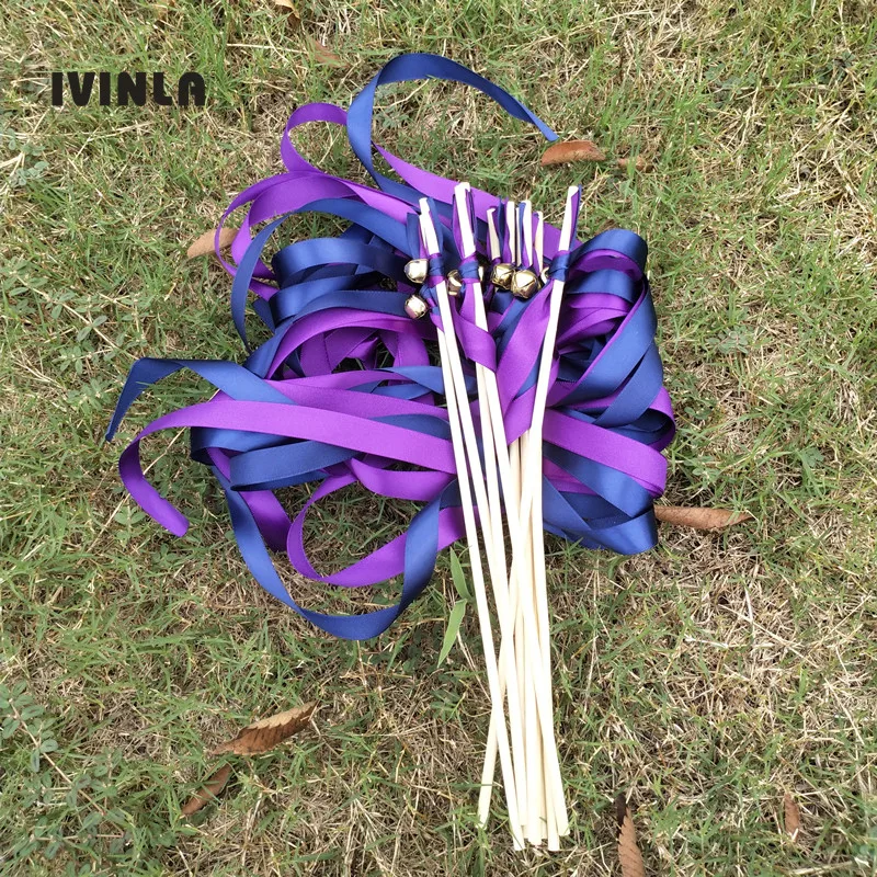 50pcs/lot purple and navy wedding ribbon wands stick with sliver bell  for wedding decoration