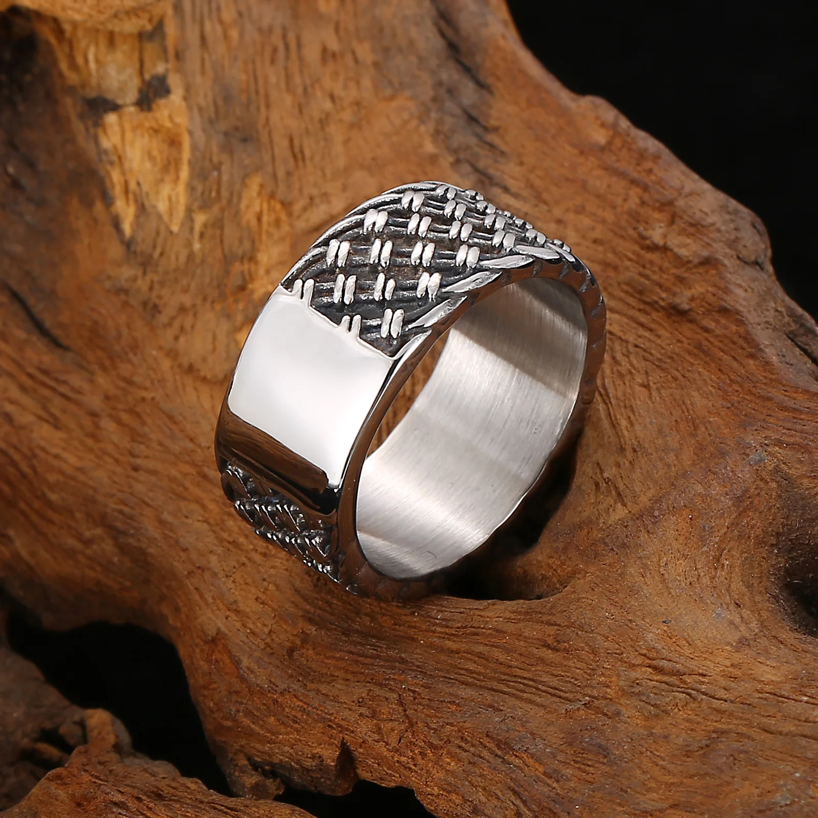 Kalen Punk 10mm Weave Pattern 316L Stainless Steel Men\'s Ring Vintage Jewelry Wide Accessories