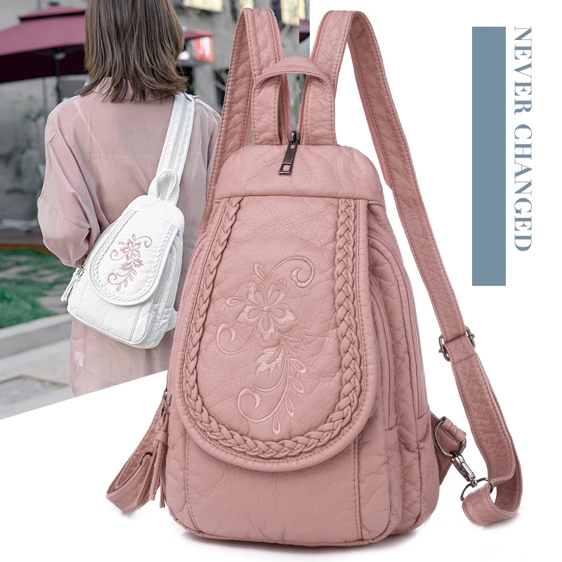 Fashion Embroidery Solid Color Soft Backpack For Women Luxury Designer Brand Backpack Simple Travel Backpack Girl SchoolBag 2021