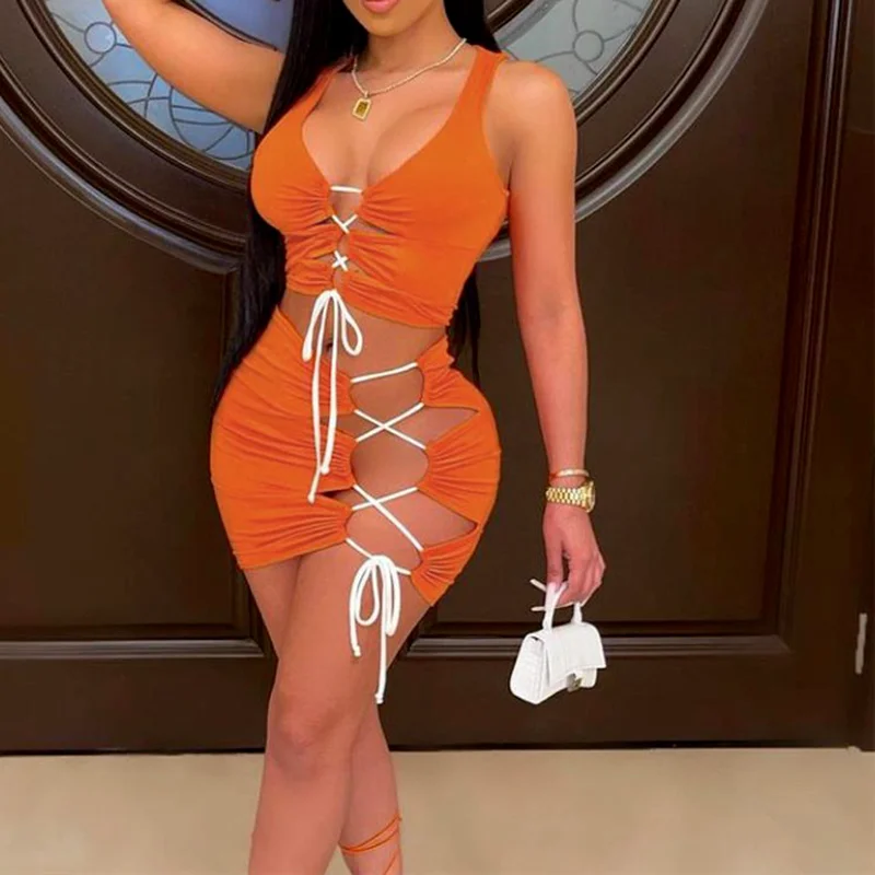 Bandage V-neck Two-piece Women's Sexy Cleavage Navel Short Top + Pleated Mini Dress Skirt Suit Party Club Design Costume