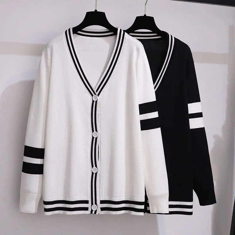 160Kg Plus Size Women\'s Bust 160cm Loose Cardigan Knitted Sweater 6XL 7XL 8XL 9XL 10XLSpring Autumn V-neck Striped Sweater