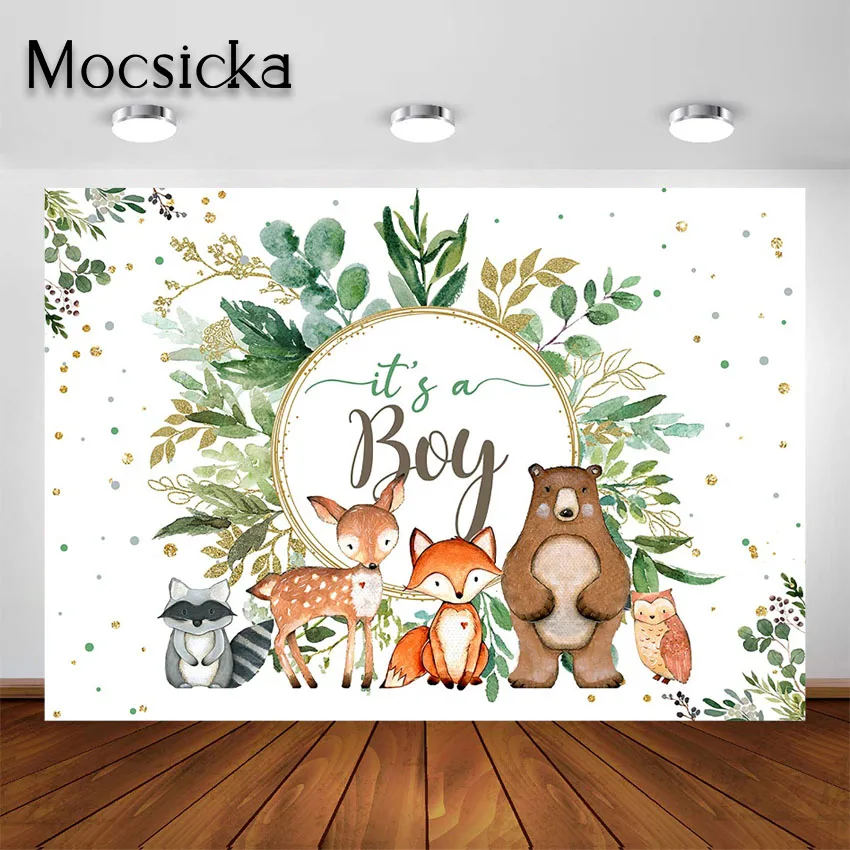 

Mocsicka Woodland It's a Boy Party Decorations Backdrop Green Leaf Gold Circle Animals Baby Shower Party Photoshoot Background