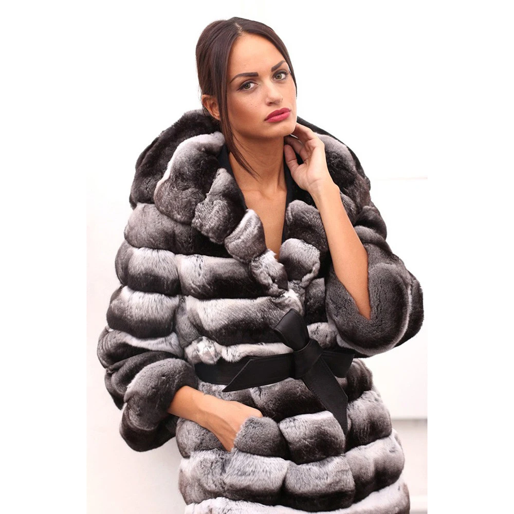 Natural Real Rex Rabbit Fur Coat Turn-down Collar Chinchilla Color Genuine Rex Rabbit Fur Coats Long Winter Fashion Overcoats