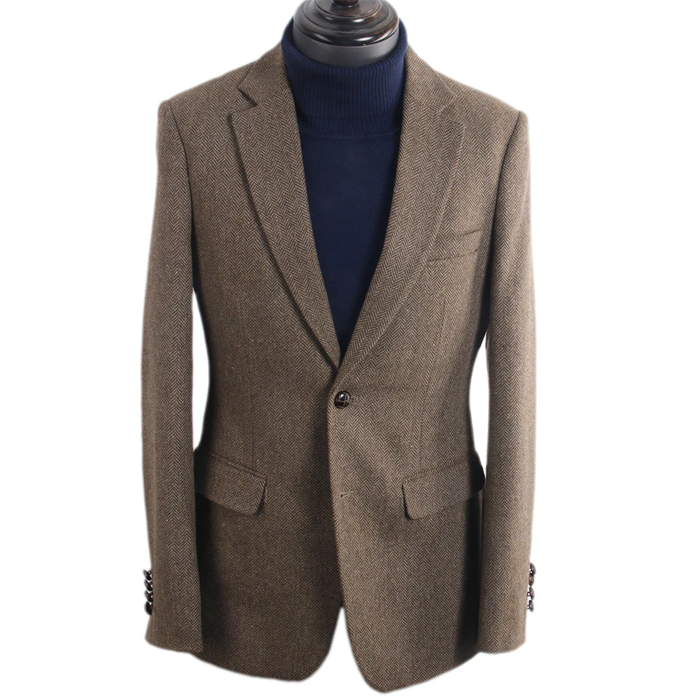 Veste en tweed marron vintage pour hommes, sur mesure, manteau à chevrons, blazers masculins