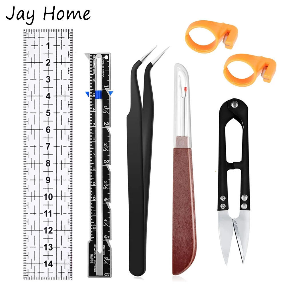 

Seam Ripper Sets Quilting Patchwork Ruler Fabric Cloth Cutting Ruler Curved &Tweezers & Yarn Thread Cutter Ring DIY Sewing Tools