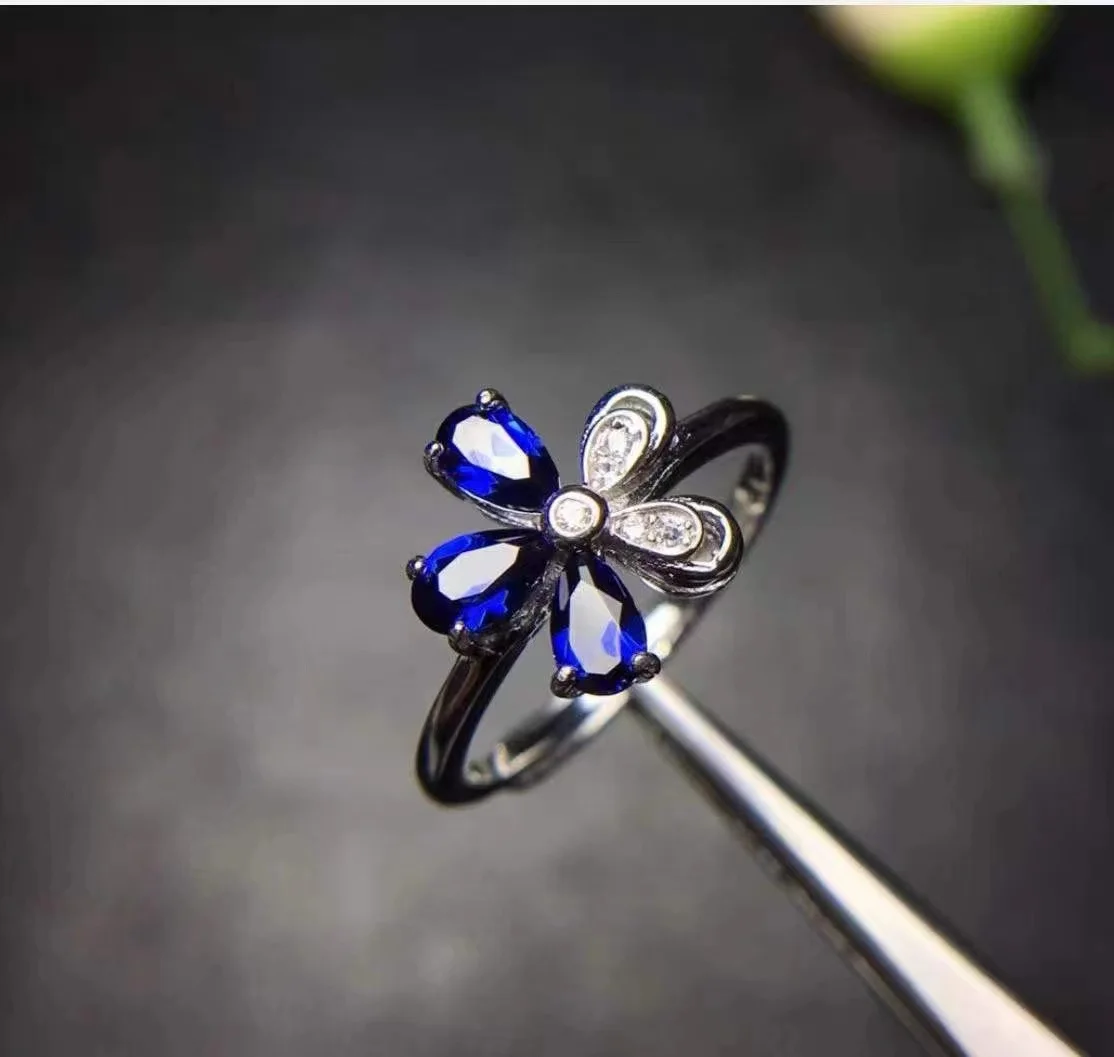 Natural sapphire Ladies Ring real 925 Silver    Four-leaf clover style, cute cartoon