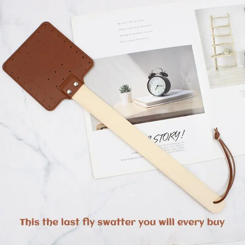 Leather Fly Swatter Fly Swat Heavy Duty Insect Mos-quito Control Rustic Design with Long Wooden Handle